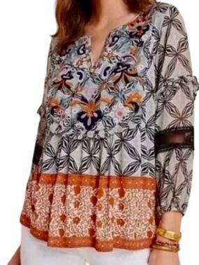 Anthropologie Terri Blouse Top Boho Floral Retro Colorful Embroidery 3/4 sleeve